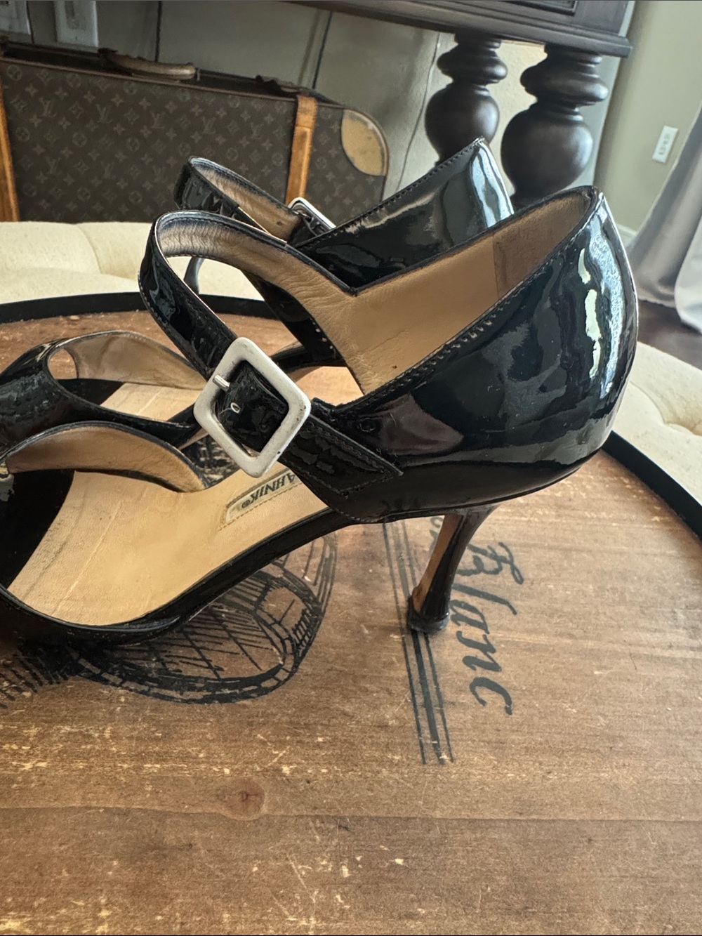 Manolo Blahnik Black Patent Mary Jane Heeled Sandals - Picture 11 of 15